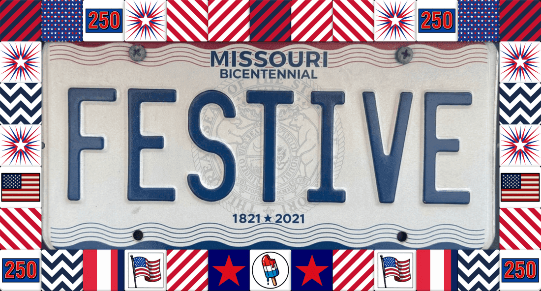 Festive Frames license plate frame with firework bursts, American flags, stars and chevron tiles around a Missouri plate