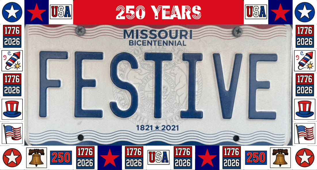 Festive Frames license plate frame for America's 250th, with a 250 YEARS top bar and patriotic flag, star, firework, and 1776 to 2026 tiles