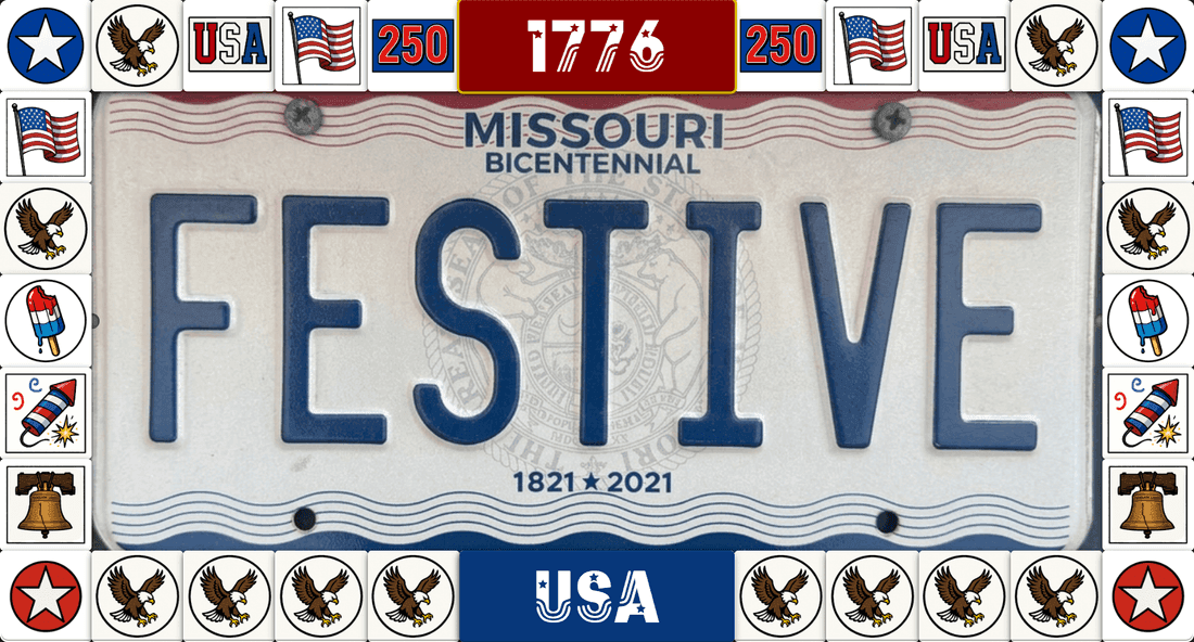 Festive Frames license plate frame with eagle, American flag and liberty bell tiles, a 1776 top bar and a USA bottom bar