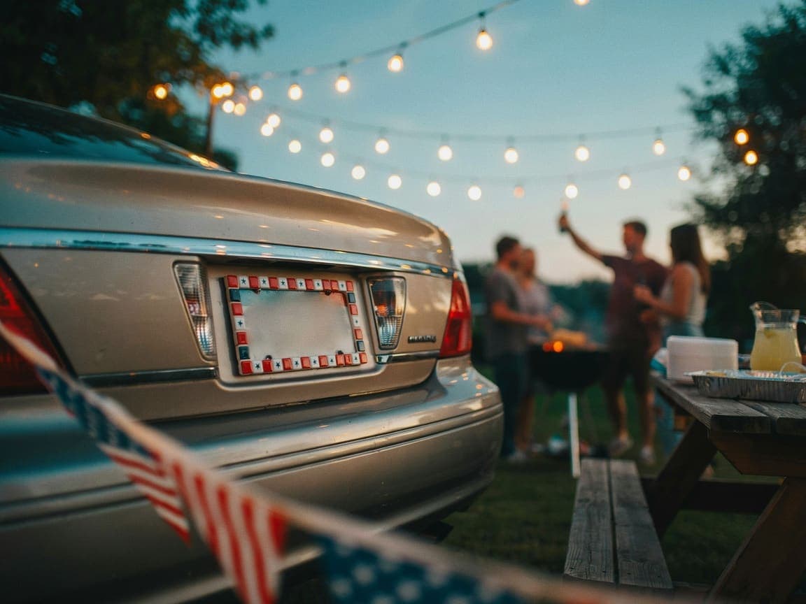 A car wearing a Festive Frames kit parked at a backyard Fourth of July cookout strung with warm lights