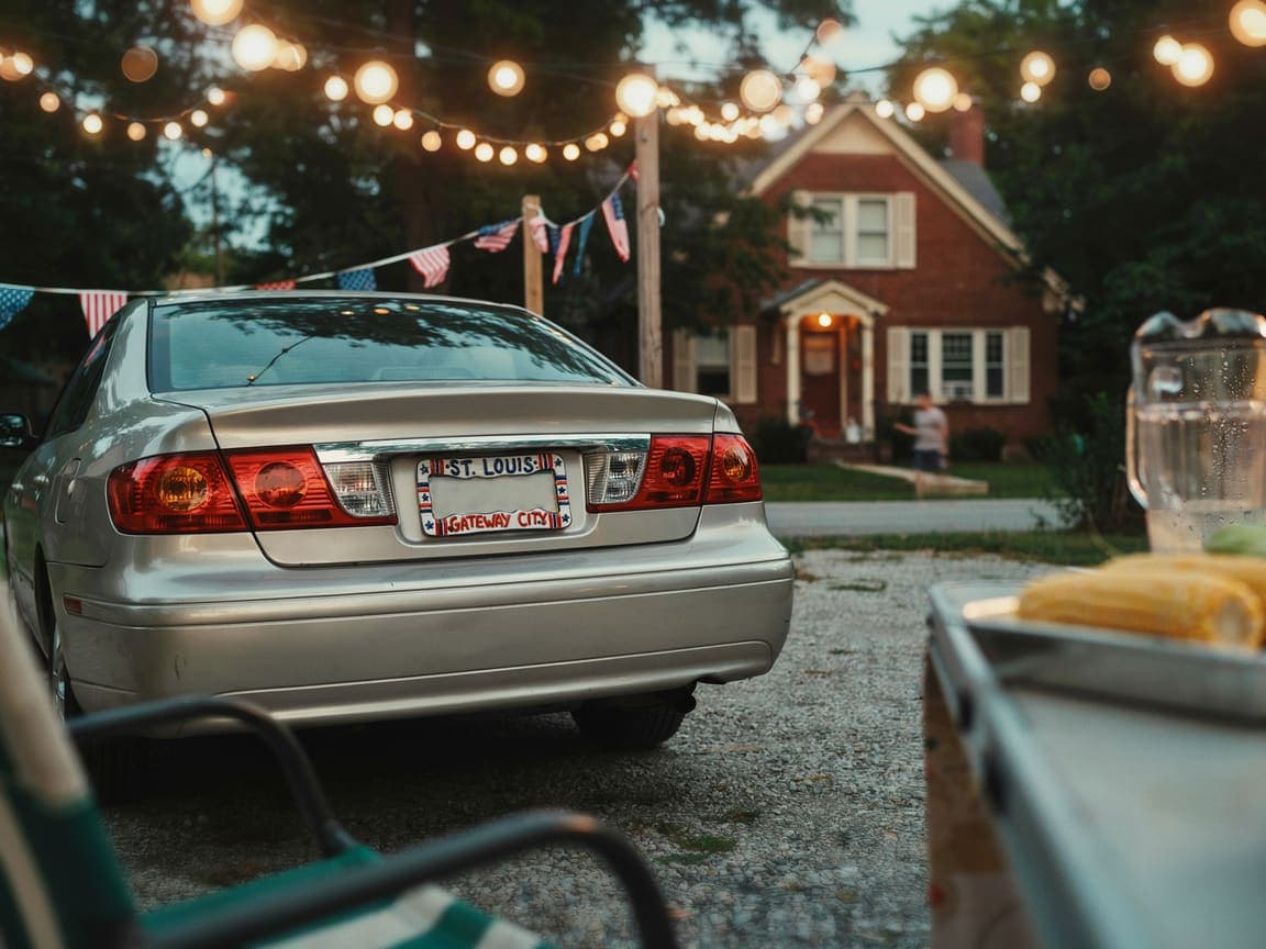 A car with a decorated Festive Frames license plate frame in a driveway at golden hour