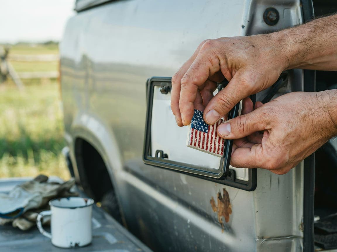 Hands snapping a decorative tile onto a Festive Frames license plate frame