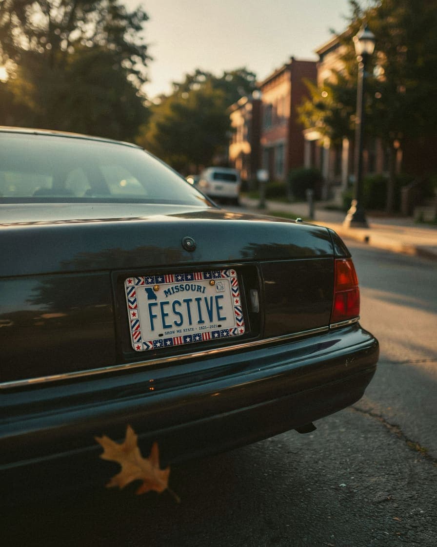 A Festive Frames kit on the back of a parked car on a tree-lined St. Louis street